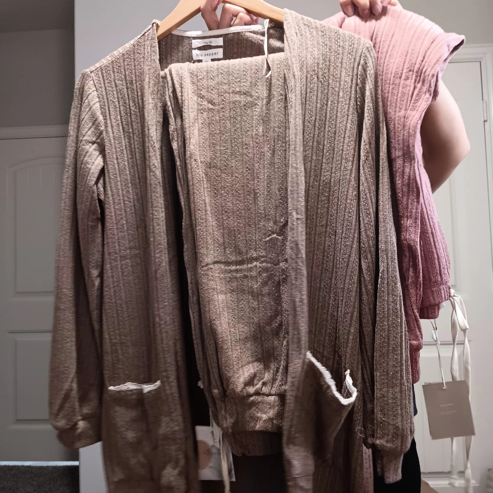 Brown and Blush Ribbed Cardigan And Pant Set